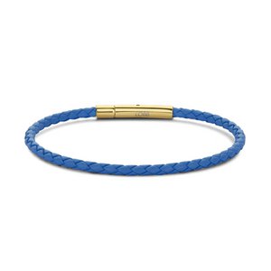 CO88 Collection 8CB-90909 Stalen Armband - Dames - Leer - Gevlochten - 18.5 cm - Blauw - 3 mm - Goudkleurig