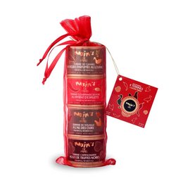 Gift-pack containing 4 terrines, made with high-quality ingredients. Includes a variety of flavors like pork, duck, and chicken liver. Packaged in a festive red gift bag.