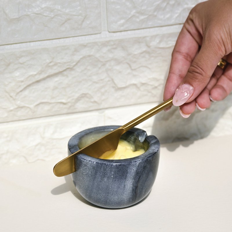 Plato de mantequilla | Cuchillo de Mármol Artesanal Blanco Gris | Oro