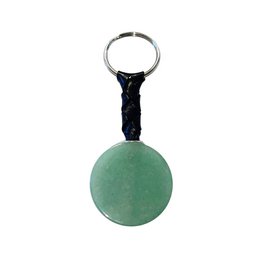  Green Aventurine disc keychain with black cord. Circular green stone with a metal ring for attaching to keys.