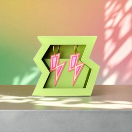  Neon pink lightning bolt stud earrings, lime green geometric hexagon shape, electric flash design