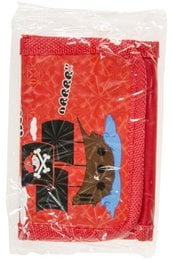 Red pirate ship wallet with skull and crossbones design, textured fabric material, children's accessory