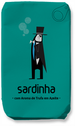 Canned sardines in olive oil with truffle flavor. Teal-colored packaging features a stylized illustration of a sardine character wearing a top hat.