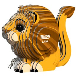 A 3D DIY craft kit in the shape of a lion. The lion is made of laser-cut wooden pieces that can be assembled into a 3D model. The kit includes all the necessary components and instructions for assembly.