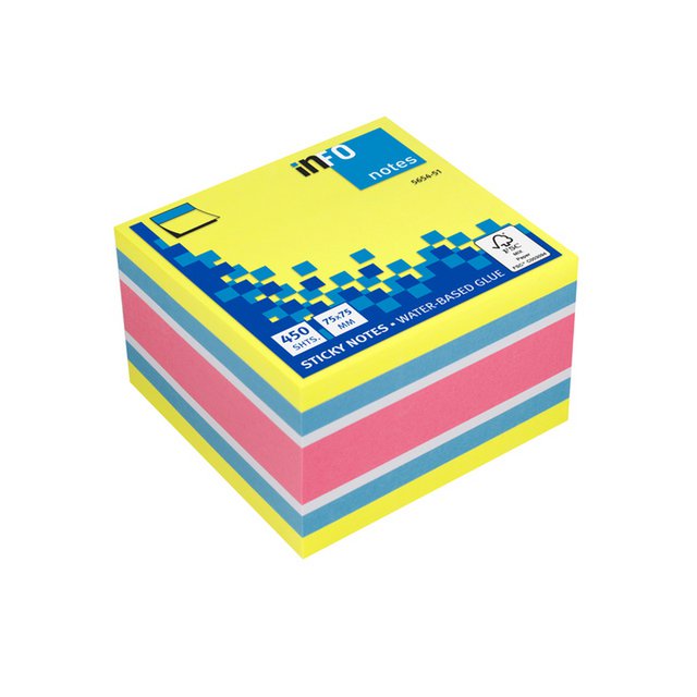 Info notes 75x75mm assorti felle kleuren blok a 450 vel geel, blauw, wit, roze
