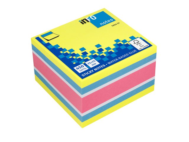 Info notes 75x75mm assorti felle kleuren blok a 450 vel geel, blauw, wit, roze