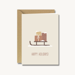 A Christmas card with a sleigh carrying presents, conveying a happy holidays message.