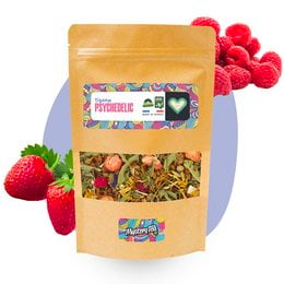 Psychedelic - Strawberry Raspberry Herbal Tea, a vibrant and flavorful tea blend featuring a mix of strawberry, raspberry, and herbal ingredients. Available in 1kg bulk, 60g doypack, and 20 sachets of 2g each.