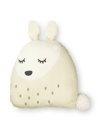 Soft, plush cushion in the shape of a rabbit with closed eyes and a pom-pom tail, perfect for decorating a child's room.