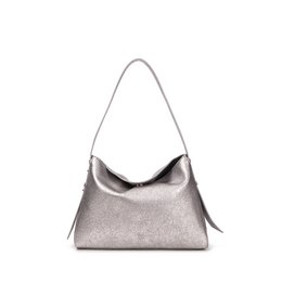 Metallic silver shoulder bag made from recycled PU material. Slouchy, hobo-style silhouette with a single strap for comfortable carrying.