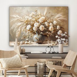 Canvas schilderij  - Wanddecoratie - Bloemen - Vaas - Stilleven - Beige