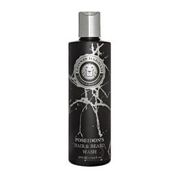 Poseidon's Hair and Beard Shampoo, a black and silver bottle with a nautical-themed design, suitable for cleansing and nourishing hair and beard.