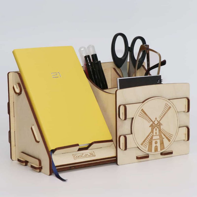 Organiseur de bureau CoolCuts Mill comprenant un support pour mobile/tablette en bois transparent