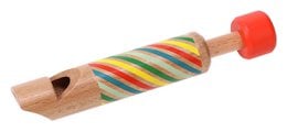 Wooden whistle with colorful rainbow stripes, red piston, natural wood educational toy