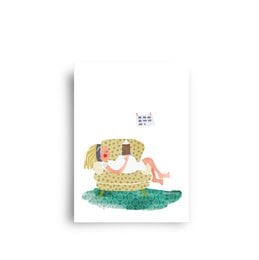 Colorful postcard featuring an illustration of a grandma's chair with a cozy, patterned design. The postcard is part of the 'bellies' series.