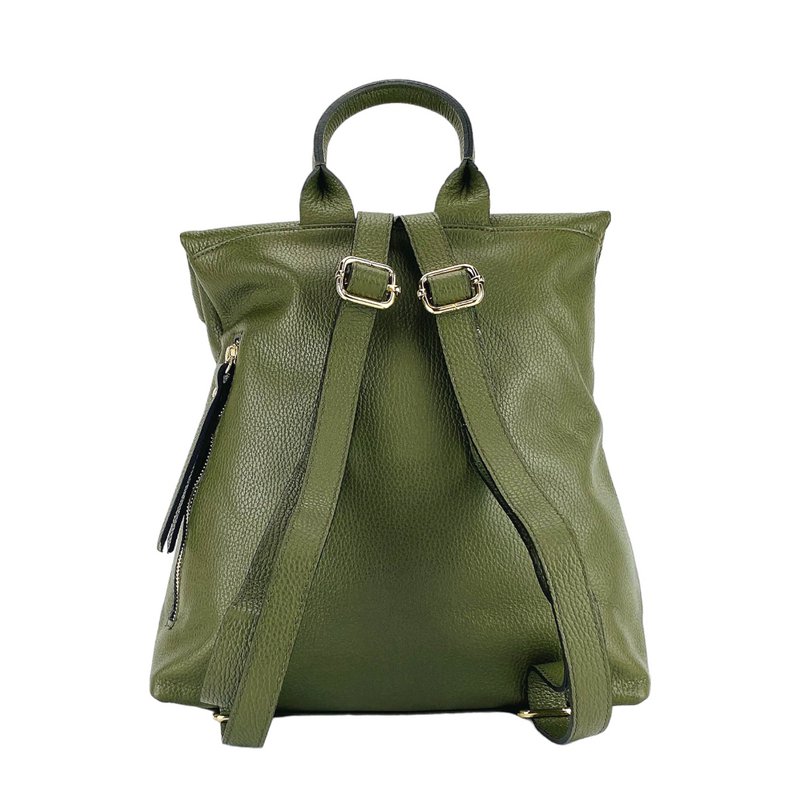 RB1021E | Soft women's backpack in genuine leather Made in Italy with adjustable shoulder straps. Zipper and accessories in shiny gold metal - Green color - Dimensions: 30 x 34 x 10.5 cm