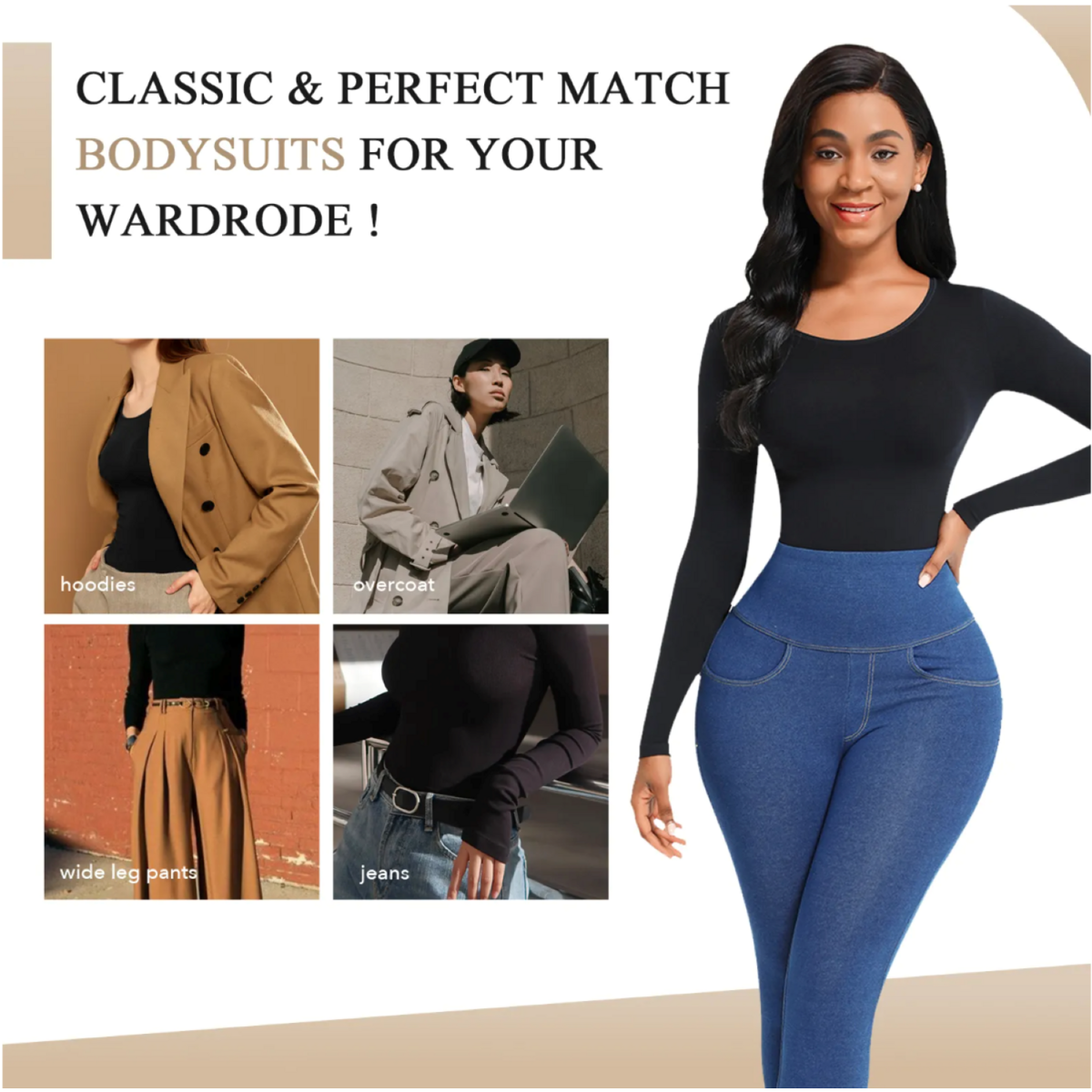 Bodysuit Shapewear - Sort - Rund halsudskæring - Langærmet