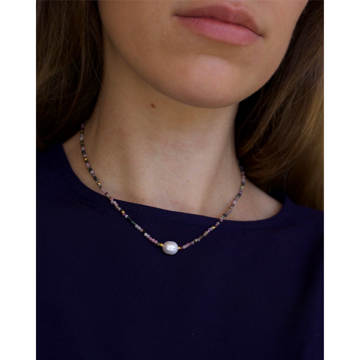 Tee - toermalijn kristal ketting met parel