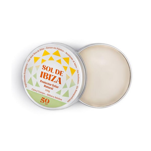 Crema Solar natural SPF50 Sol de Ibiza. BIO.  Filtros minerales. Sin plástico. Especial deporte acuático. Lata de 100 ml.