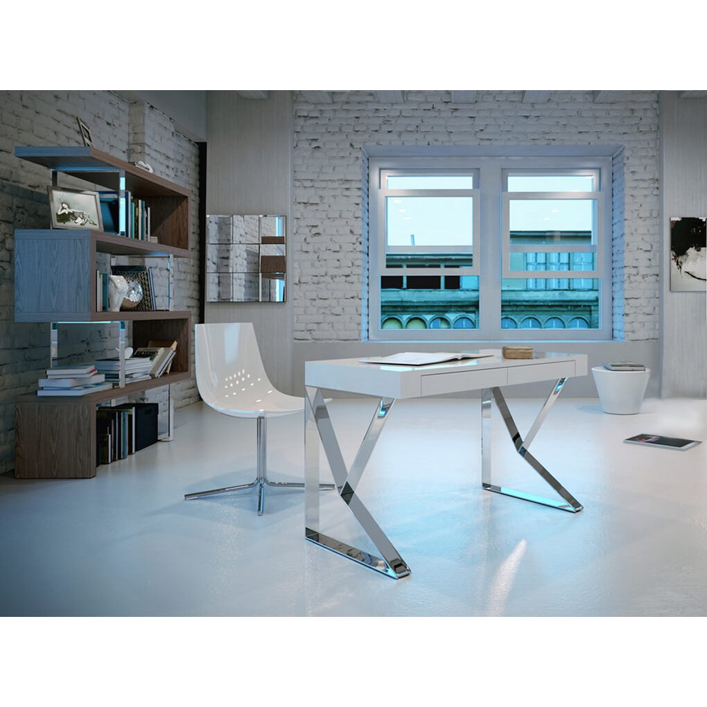 White wooden office desk and chrome steel