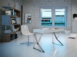 White wooden office desk and chrome steel