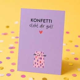 Funny cat birthday card “Confetti looks good on you!”