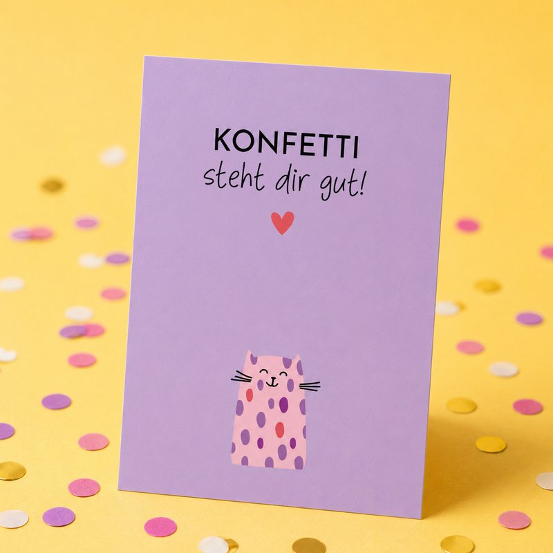 Sjovt kattefødselsdagskort "Konfetti ser godt ud på dig!"