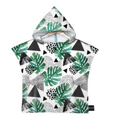 A hooded beach coverup with a tropical leaf and geometric pattern in shades of green, black, and white.