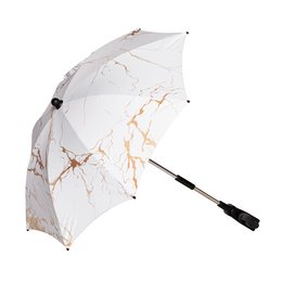 A white and gold marble-patterned universal stroller/buggy parasol with a special UV-resistant coating and a 1-year warranty.