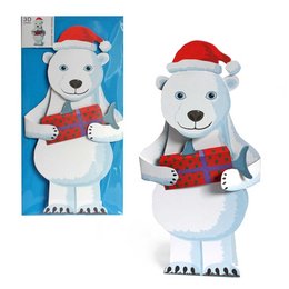 A 3D polar bear card with a red Santa hat, holding a gift. The card is designed for Christmas.