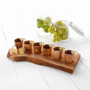 Set of 6 Handmade Olive Wood Shot Glasses with Serving Board
