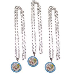 Set of 3 glass medallion necklaces with round light blue charms featuring a circular design with fillings.