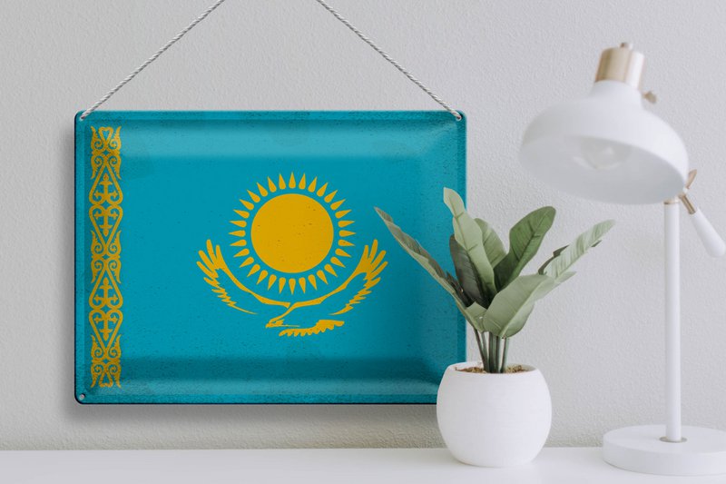 Signe en étain drapeau du Kazakhstan, 40x30cm, Vintage, Kazakhstan
