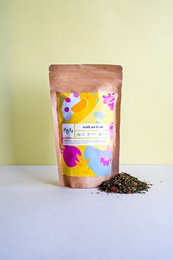 Organic green tea blend with mint, ginger, apple, and pomegranate flavors. Loose leaf tea in a resealable pouch.