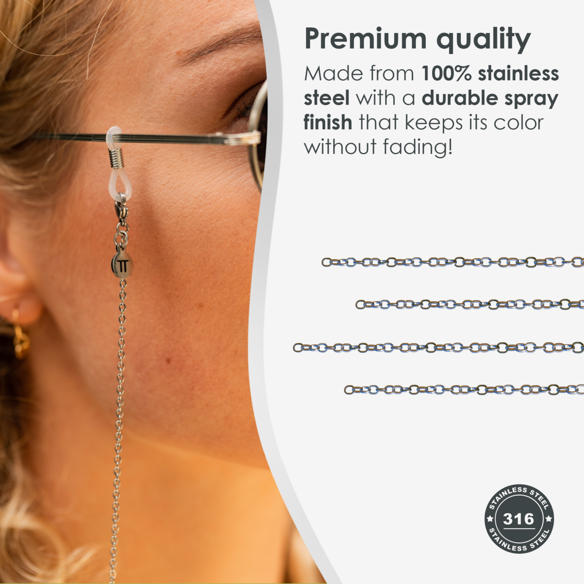 Glasses Cord Basic Silver — 100% Stainless Steel & Unisex Eyewear Cords for Women and Men — Glasses Chain with Extra Loops — Brillenkoord Brillenband Brillenkette Cordon de Lunettes Cordón Para Gafas