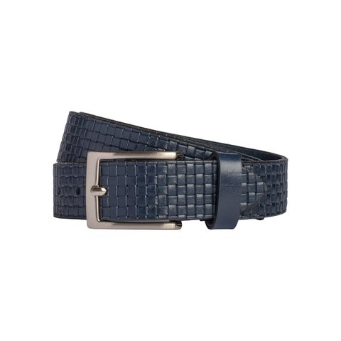 RB4028D | Herrengürtel mit Allover-Print, hergestellt in Italien aus echtem, pflanzlich gegerbtem Leder. Schnalle in satiniertem Silberfinish. Farbe: Blau. Abmessungen: 125 x 3,5 x 0,5 cm (Taillenumfang 110 cm)