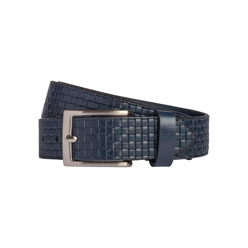 RB4028D | Men's Belt with Allover Print Made in Italy in Genuine Vegetable Tanned Leather. Buckle in satin silver finish. Color: Blue. Dimensions: 125 x 3.5 x 0.5 cm (waistline 110 cm)