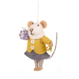 Handmade felt mouse decoration with yellow sweater, gray pants, and floral accents. Hanging decoration for home or office.