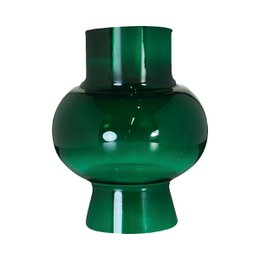 Tall, round green vase with a wide opening and a narrow neck.