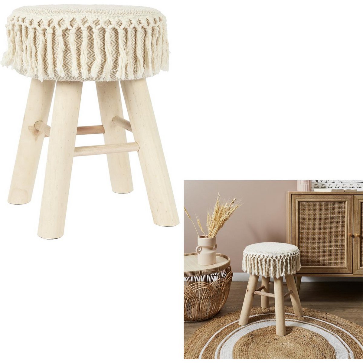 Taburete de madera hecho a mano con asiento macramé - Ø 28 x 40 cm - taburete boho / bohemio de asiento hecho de materiales naturales - taburete decorativo para sala de estar, salón o dormitorio - taburete lateral - marrón