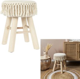 Handmade wooden stool with macramé seat - Ø 28 x 40 cm - boho / bohemian seat stool made of natural materials - decorative stool for living room, hall or bedroom - side stool - brown