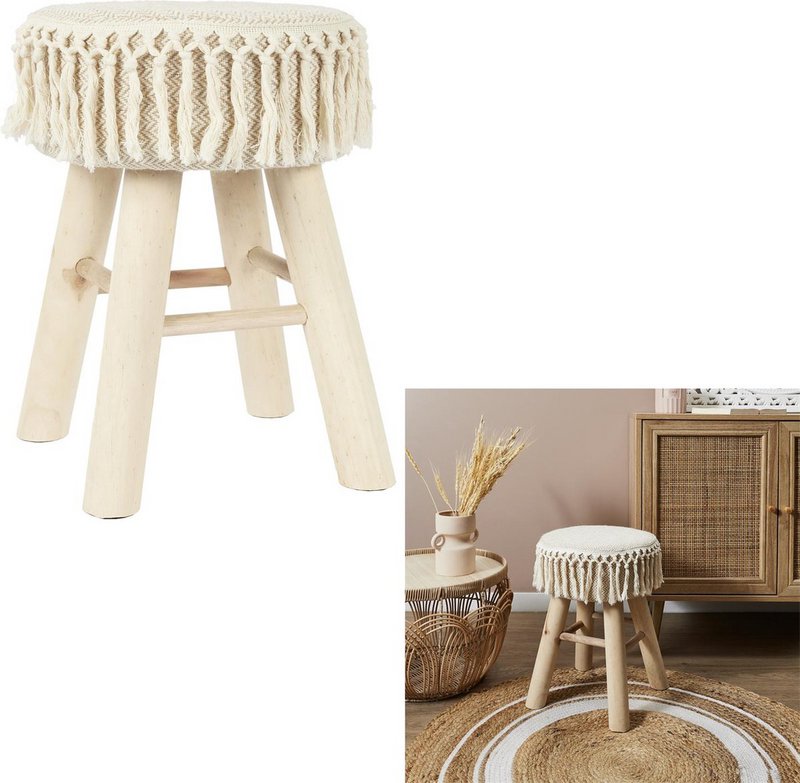 Handmade wooden stool with macramé seat - Ø 28 x 40 cm - boho / bohemian seat stool made of natural materials - decorative stool for living room, hall or bedroom - side stool - brown
