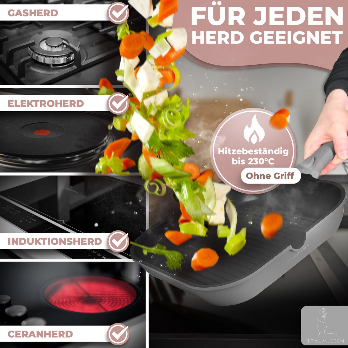 Grill Pan 28 cm, ikke -stick coating, aftagelige håndtag, induktion, ovnfestival (grå)