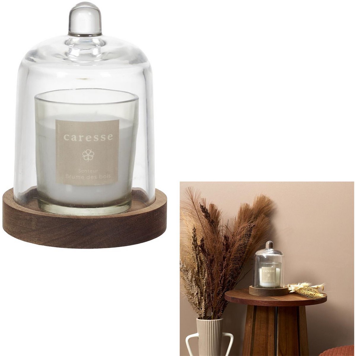 Luxe Geurkaars met Stolp – Witte Geurkaars in Glazen Houder met Houten Onderzetter – Sfeervolle Interieurdecoratie & Cadeau – Natuurlijke Hout- en Bosgeur – Kaars – Wit