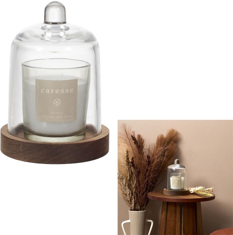 Luxe Geurkaars met Stolp – Witte Geurkaars in Glazen Houder met Houten Onderzetter – Sfeervolle Interieurdecoratie & Cadeau – Natuurlijke Hout- en Bosgeur – Kaars – Wit