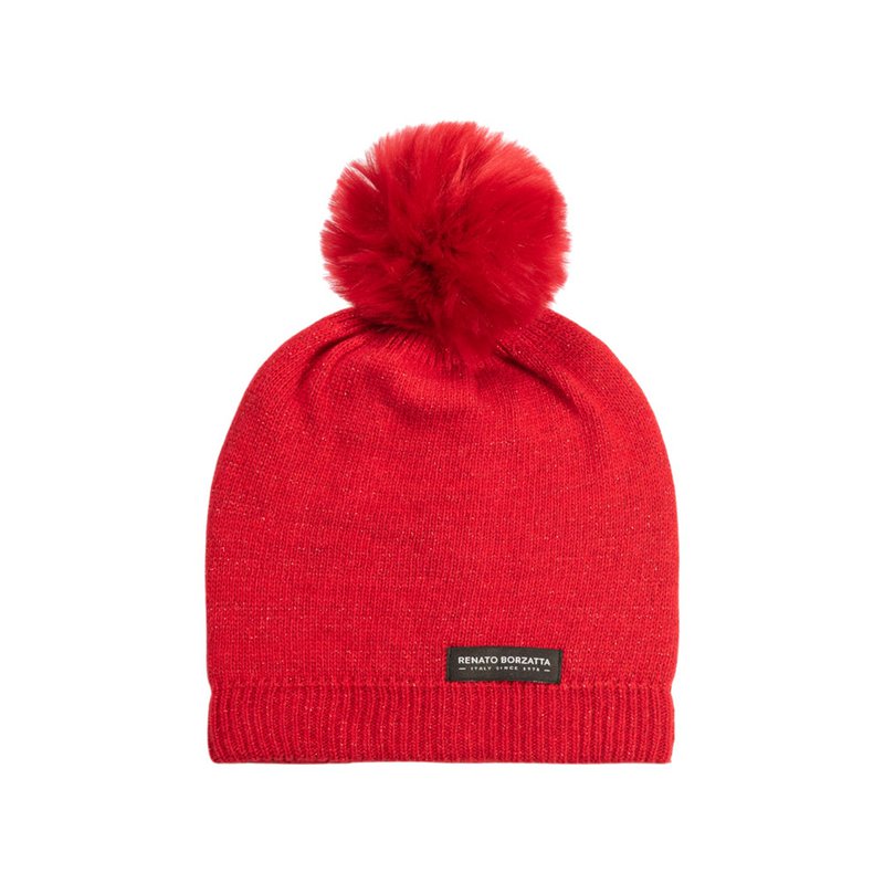 RB5006V | SAINT MORITZ – Doppellagige Stockinette-Strickmütze für Damen mit Pompon, hergestellt in Italien. Rote Farbe