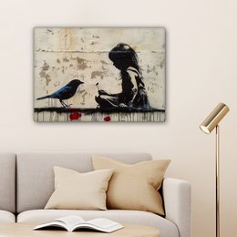 Canvas schilderij - Wanddecoratie Meisje - Street art - Vogel - Abstract - Graffiti - Modern - Muurdecoratie woonkamer - Kamer decoratie modern - Abstracte schilderijen