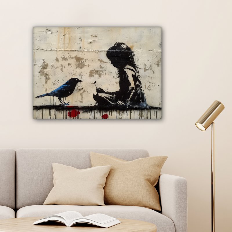 Canvas schilderij - Wanddecoratie Meisje - Street art - Vogel - Abstract - Graffiti - Modern - Muurdecoratie woonkamer - Kamer decoratie modern - Abstracte schilderijen