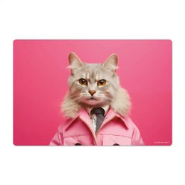  Desk Mat Isis - A pink desk mat featuring a cat wearing a pink jacket against a pink background. The mat is suitable for use on a desk or other flat surface.