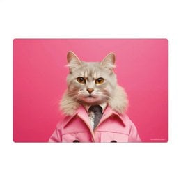 Desk Mat Isis - A pink desk mat featuring a cat wearing a pink jacket against a pink background. The mat is suitable for use on a desk or other flat surface.